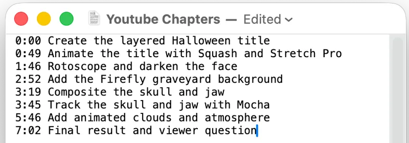 YouTube chapter lines from 0:00 Create the layered Halloween title to 7:02 Final result.