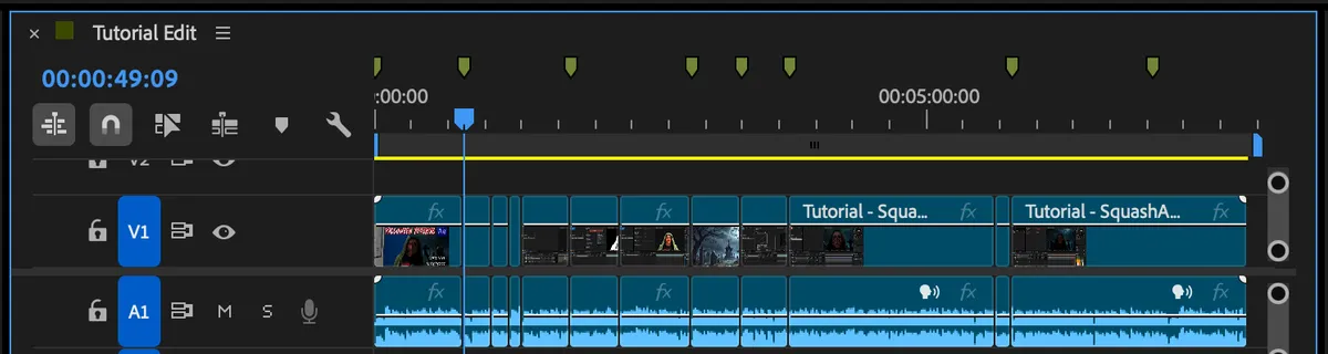 Premiere timeline of a tutorial edit with eight chapter markers along the time ruler.