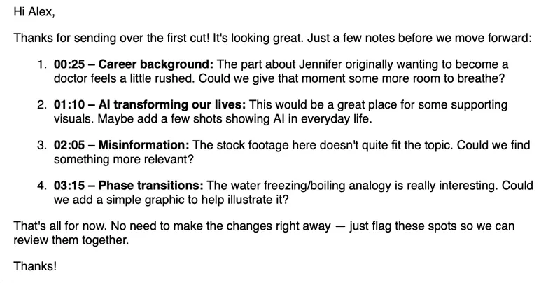Client email with four numbered notes with timecodes.