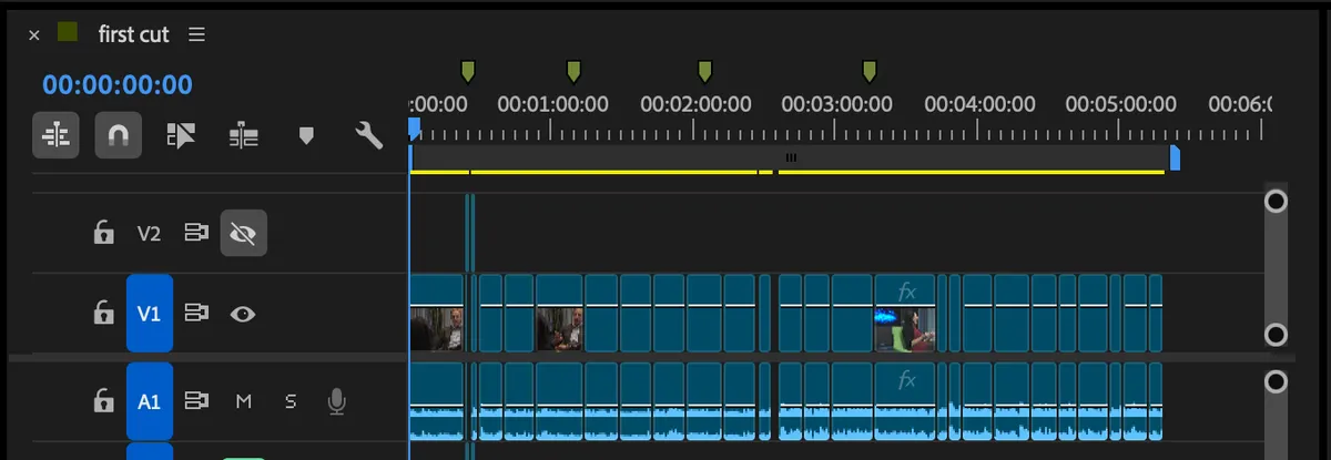 Premiere timeline of the first cut with four review markers.