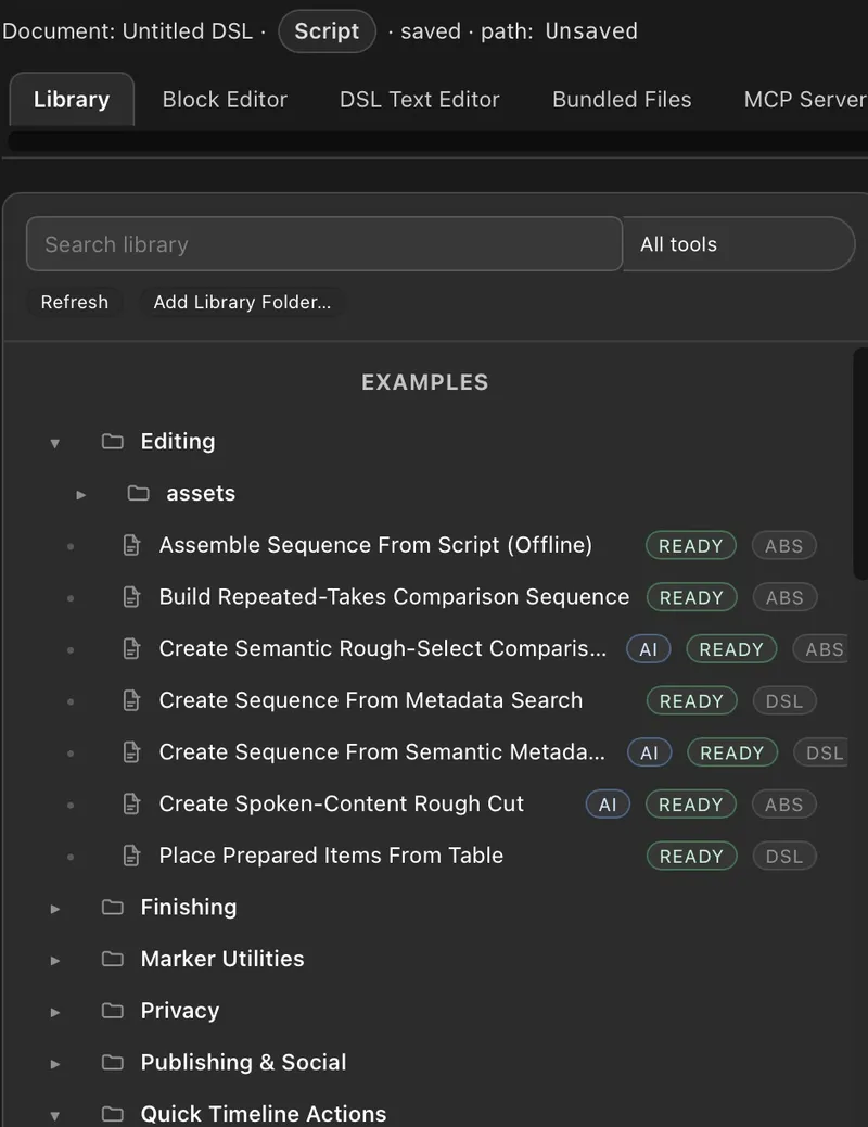 Automation Agent Library with example tools such as Create Spoken-Content Rough Cut, each marked Ready.