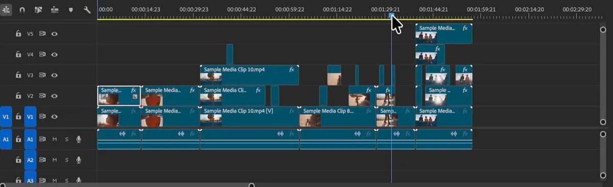 Premiere timeline with pixelation clips stacked on video tracks V2 to V5 above the original clips.