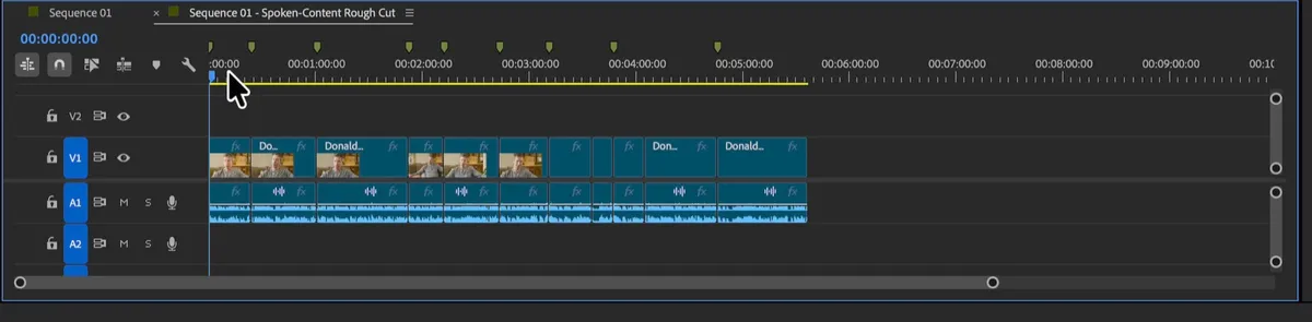 Premiere timeline: new sequence named Spoken-Content Rough Cut with interview clips and review markers.