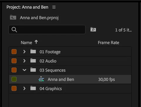 Premiere Project panel of the new project Anna and Ben with the same folder structure.
